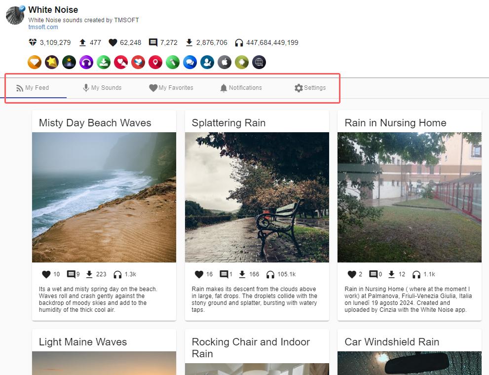 White Noise New Private Profile Page with My Feed, My Sounds, My Favorites, Notifications, and Settings.